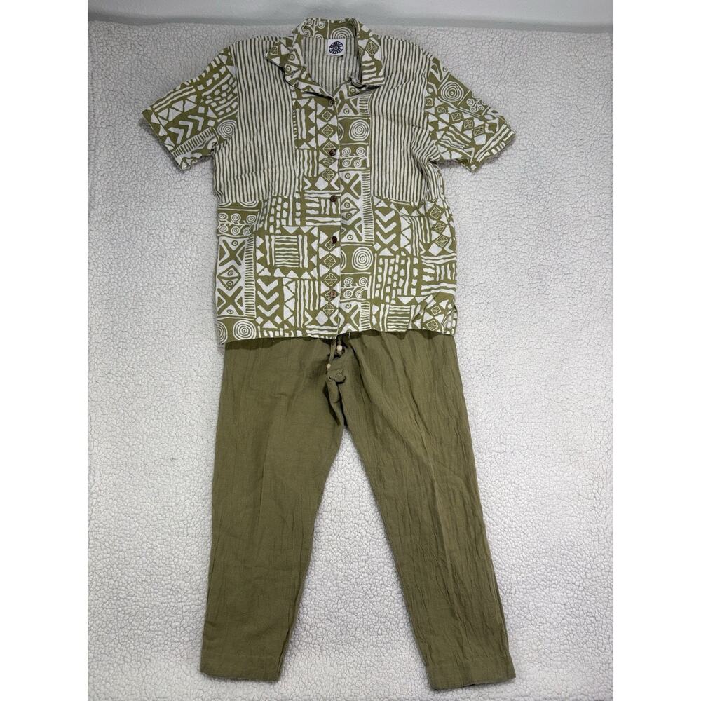 Vintage Produce Company 2Pc Set Button Blouse & Pants Green Medium Beachy Travel